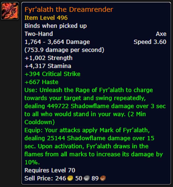 Stat Block for Fyr'alath, the Dreamrender, the Legendary weapon from the Amidrassil Raid in World of Warcraft: Dragonflight.